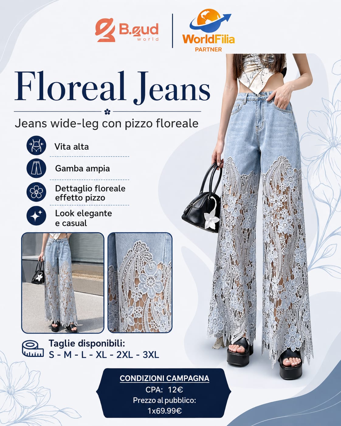 Jeans a zampa a vita alta con ricami floreali indossati